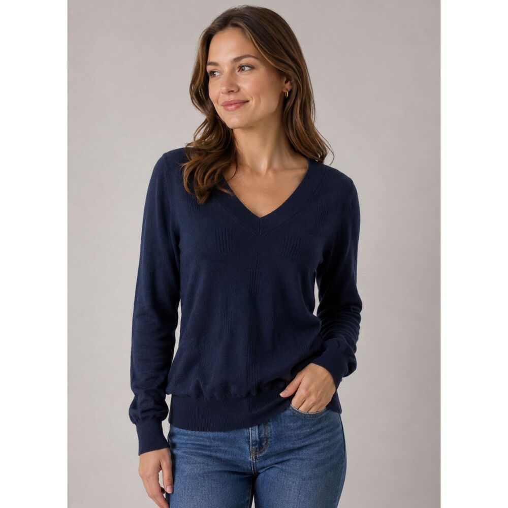 Arach & Cloz Textured Knit V-Neck Navy Blue Sweater Women's Medium